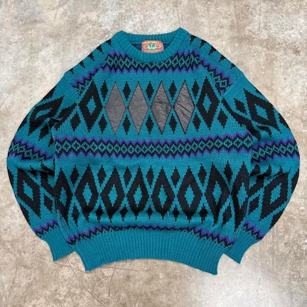Vintage 90s Chartwell Blue & Black Abstract Knit Sweater Size L
